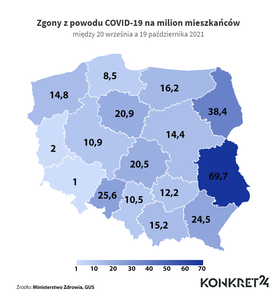 Zgony z COVID-19 na milion mieszkańców (20 września - 19 października 2021)
