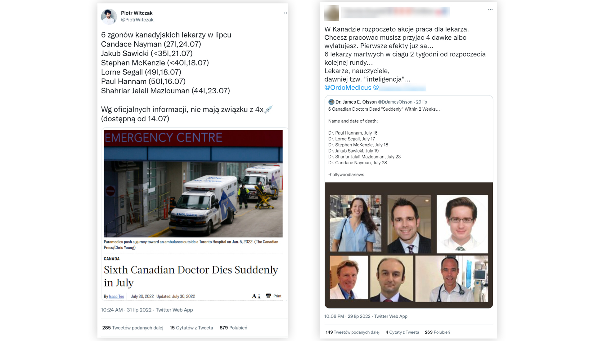 Tweety sugerujące, jakoby śmierć kanadyjskich lekarzy miała związek ze szczepionką na COVID-19 