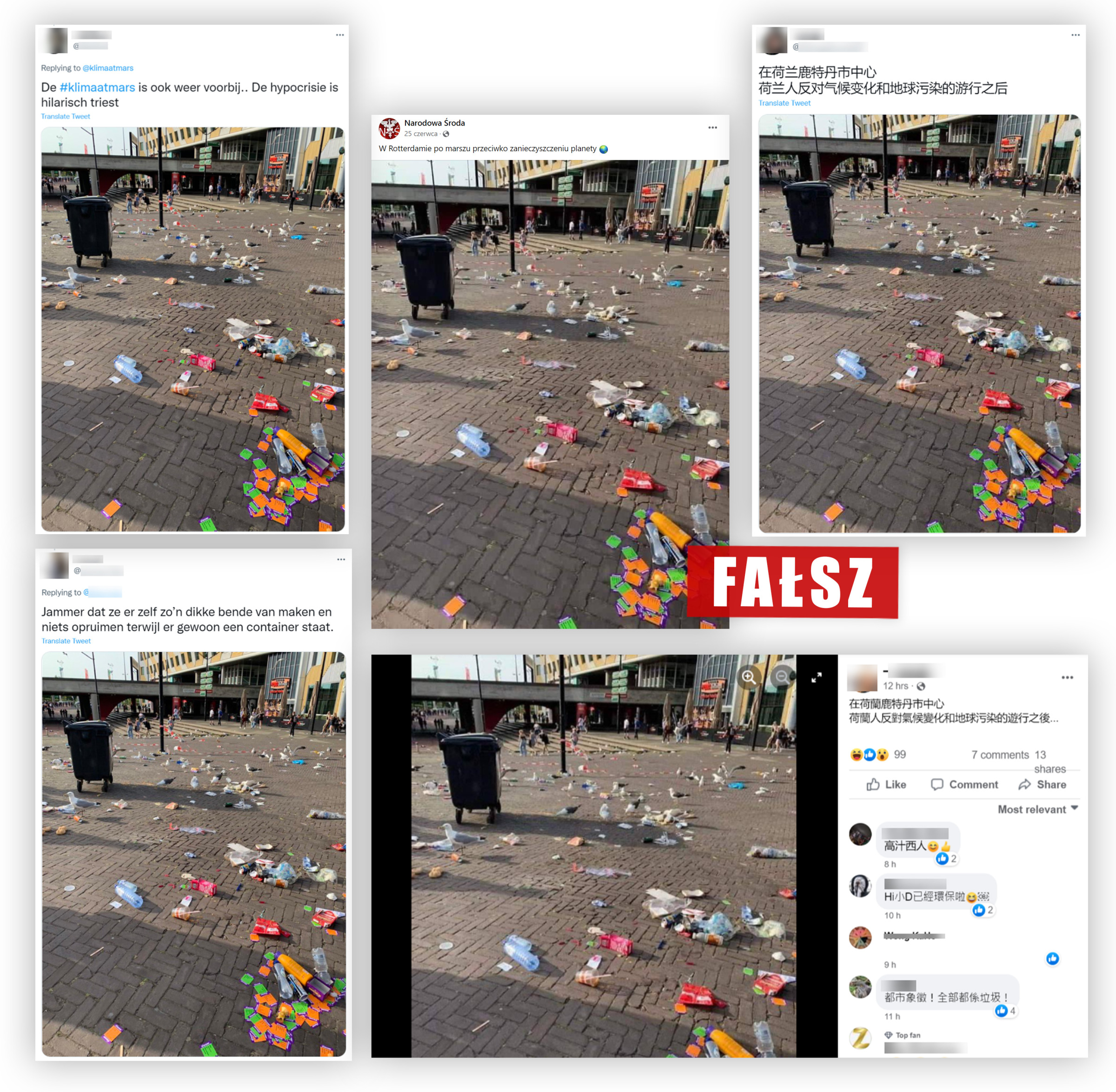 Wpisy z Twittera i Facebooka rzekomo pokazujące śmieci zostawione przez uczestników marszu w obronie klimatu w Rotterdamie
