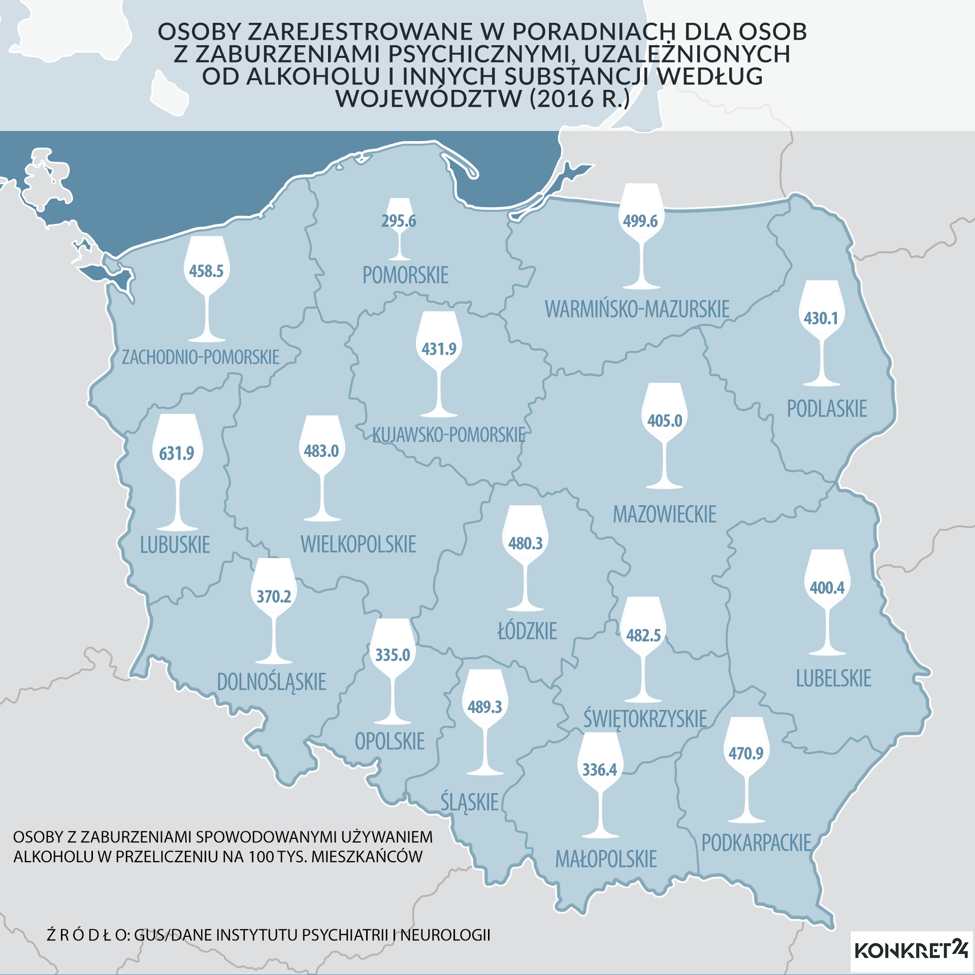 W przeliczeniu na 100 tys. mieszkańców najwięcej osób rejestrowało się w poradniach w województwach lubuskim