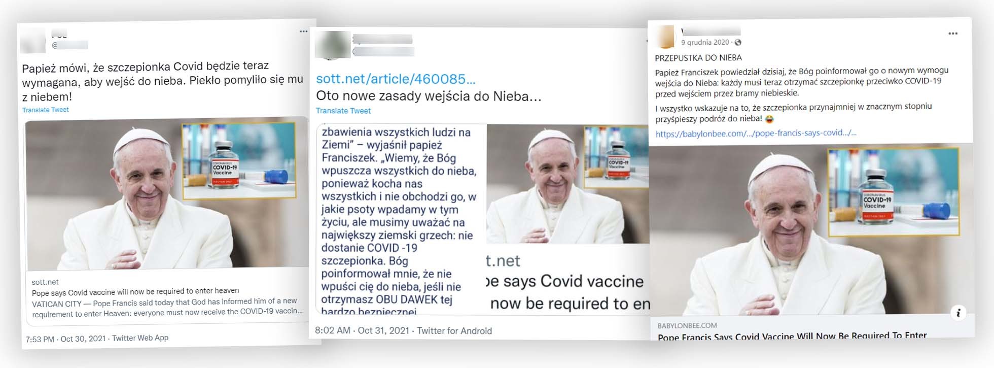 Posty z reakcją na rzekome słowa papieża, że szczepionka będzie niezbędna, by dostać się do nieba