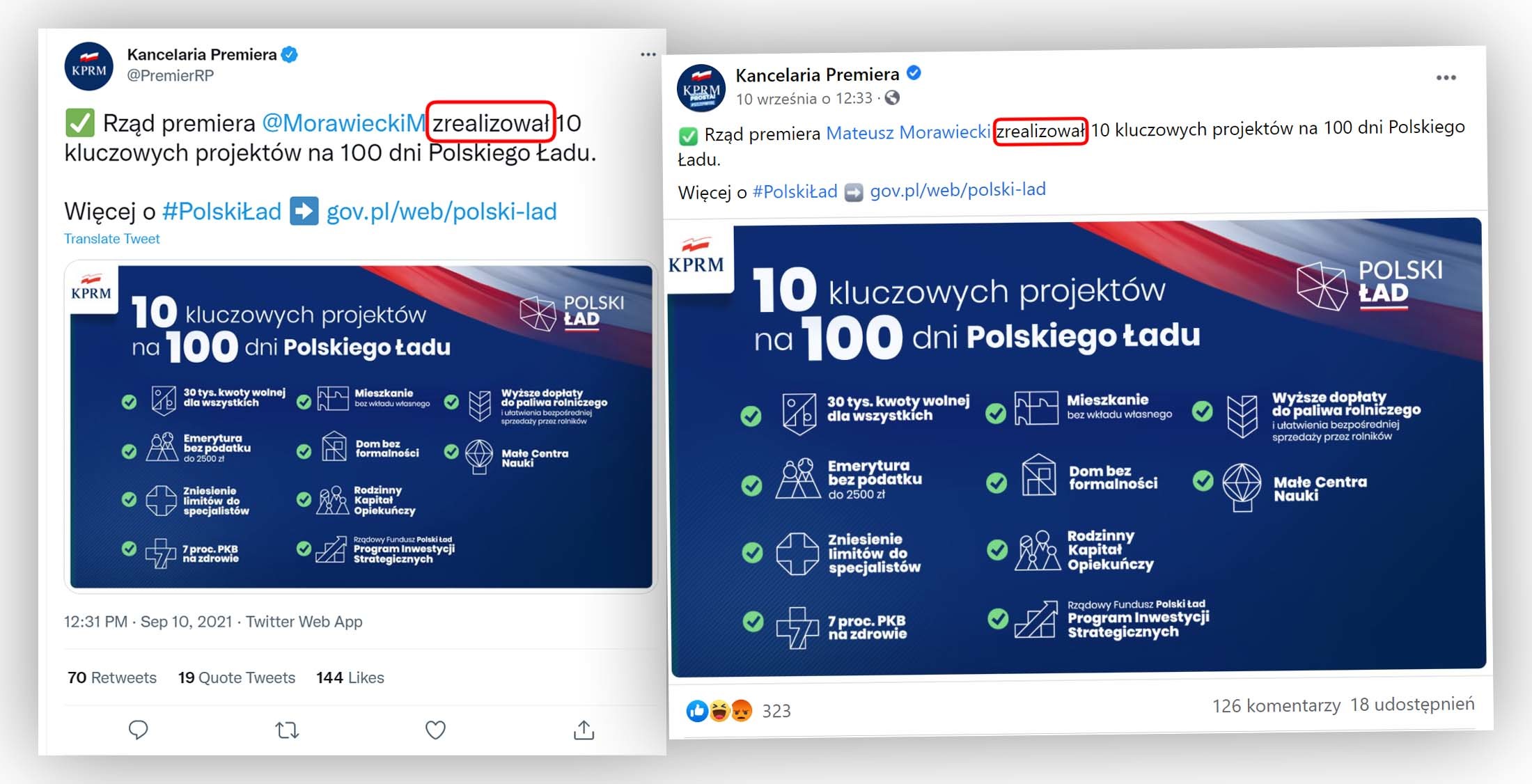 Tak kancelaria premiera informowała na profilach w mediach społecznościowych o stanie realizacji 10 projektów z Polskiego Ładu