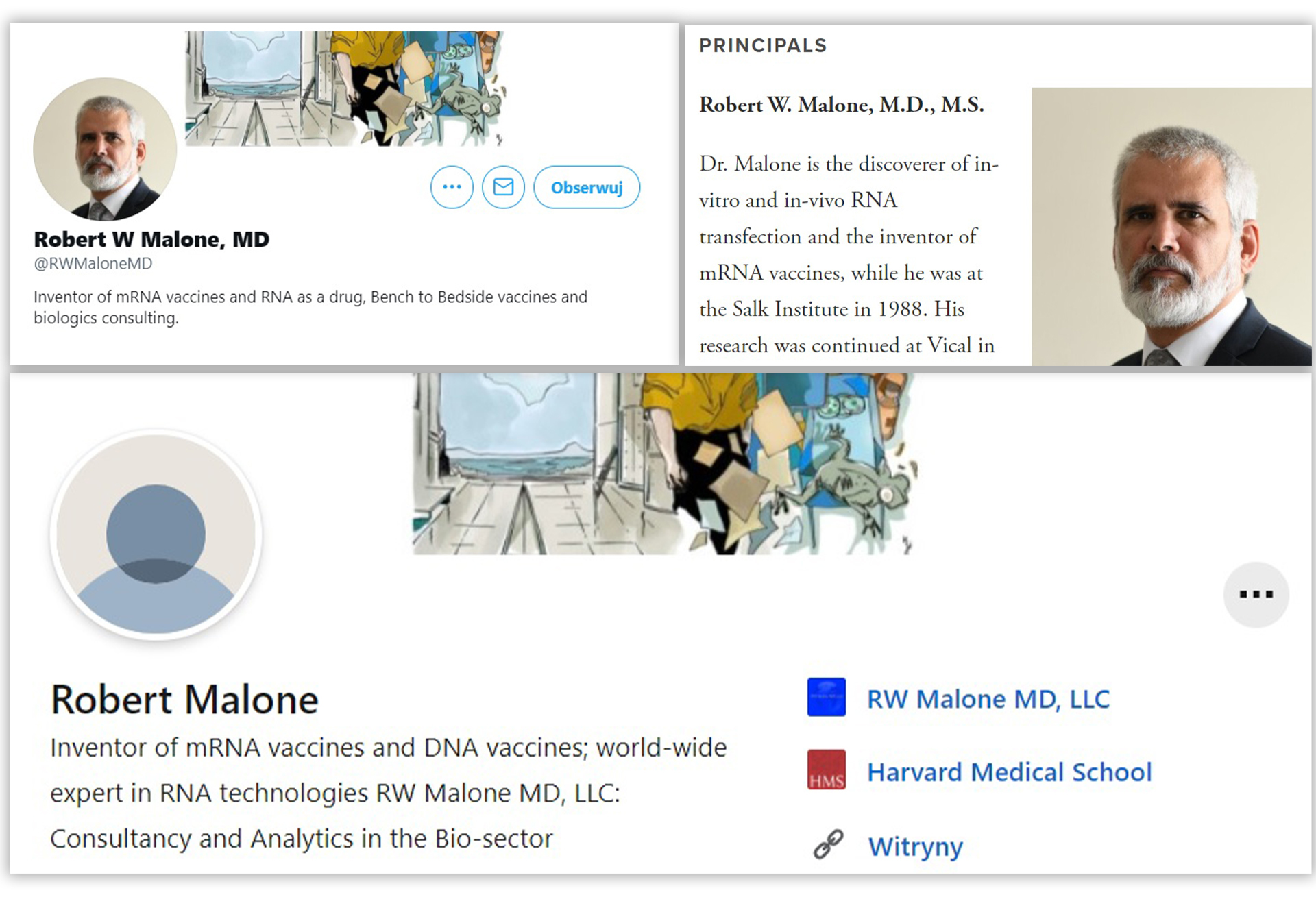 Robert Malone na swoich profilach i stronie internetowej przedstawia się jako wynalazca szczepionki mRNA
