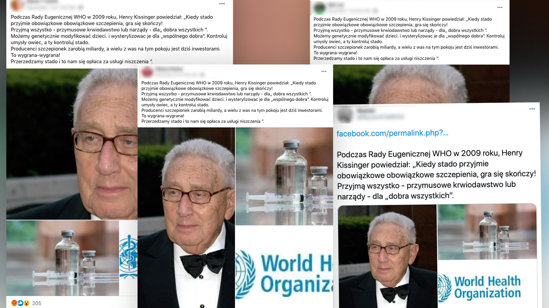 Popularne wpisy w mediach społecznościowych przypisujące nieprawdziwy cytat Henry'emu Kissingerowi.
