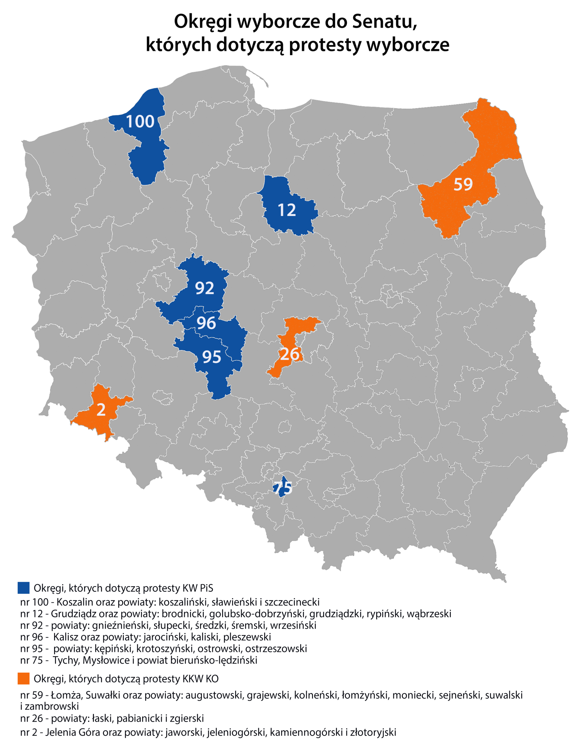 Tych okręgów dotyczyły protesty wyborcze PiS i KO