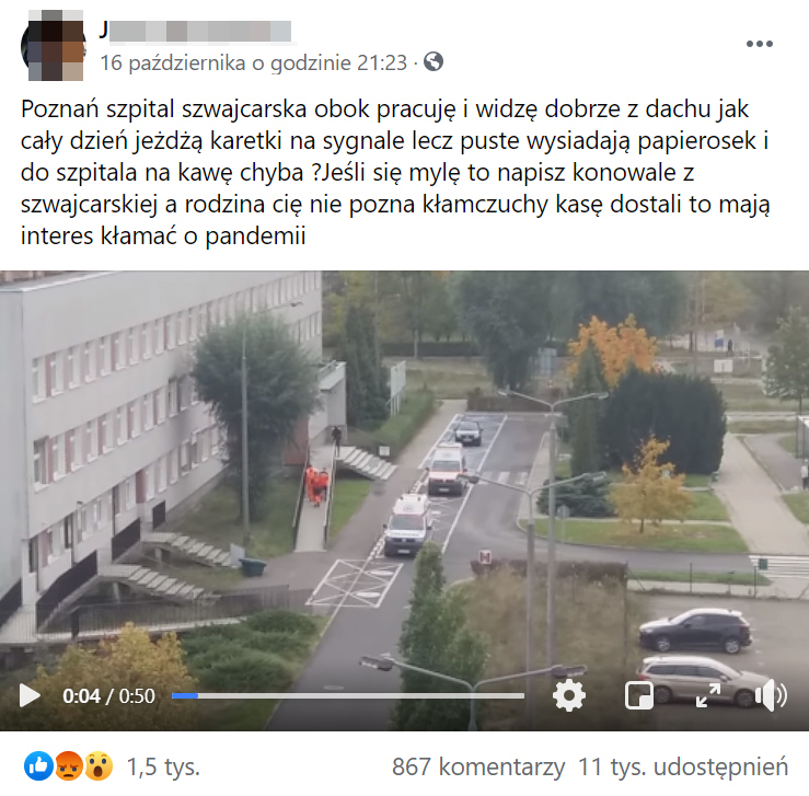 Post na Facebooku z wideo pokazującym poznański szpital 