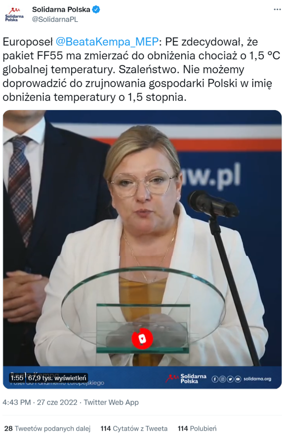 Wideo z konferencji prasowej Solidarnej Polski z wprowadzającą w błąd wypowiedzią Beaty Kempy