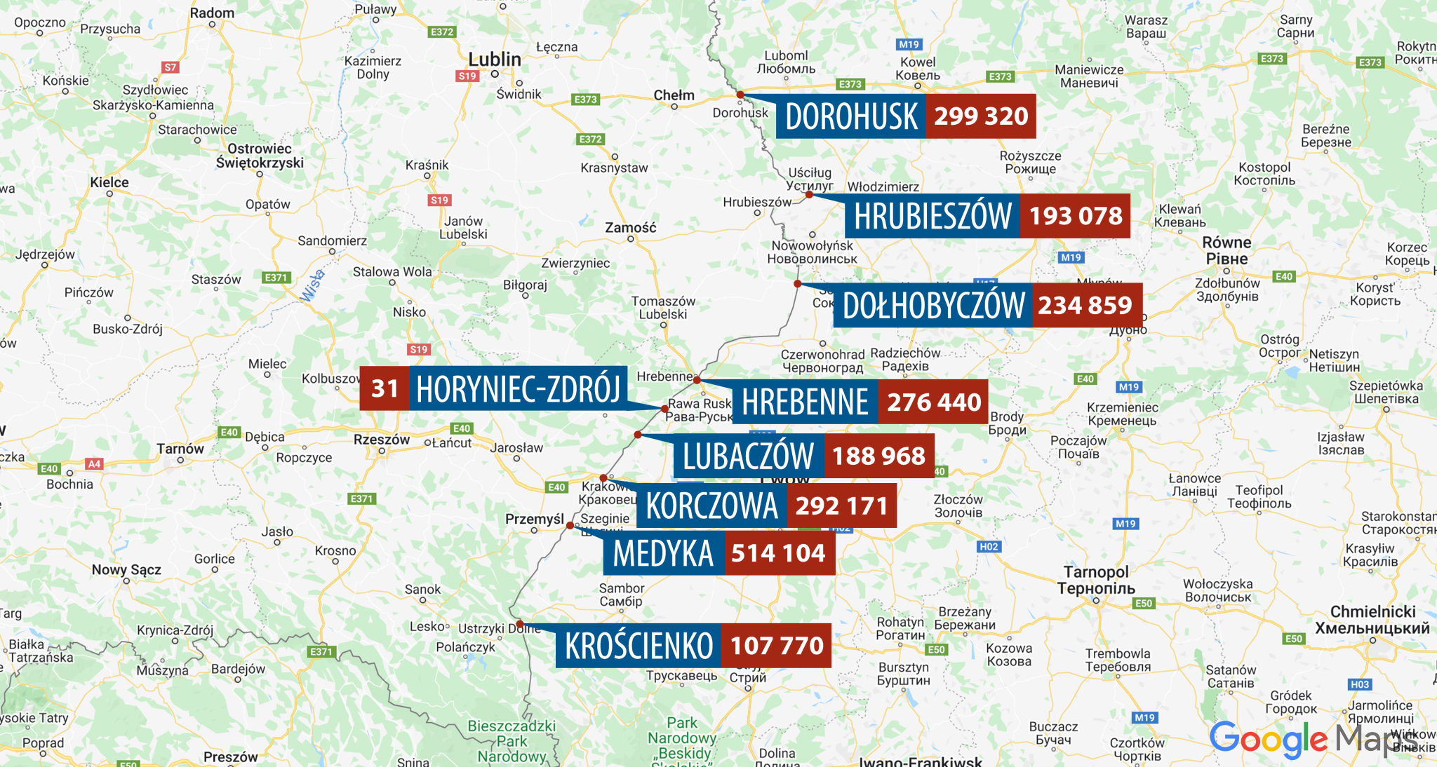 Liczba osób, które przekroczyły granicę Ukraina-Polska na poszczególnych przejściach granicznych od 24 lutego do 20 marca