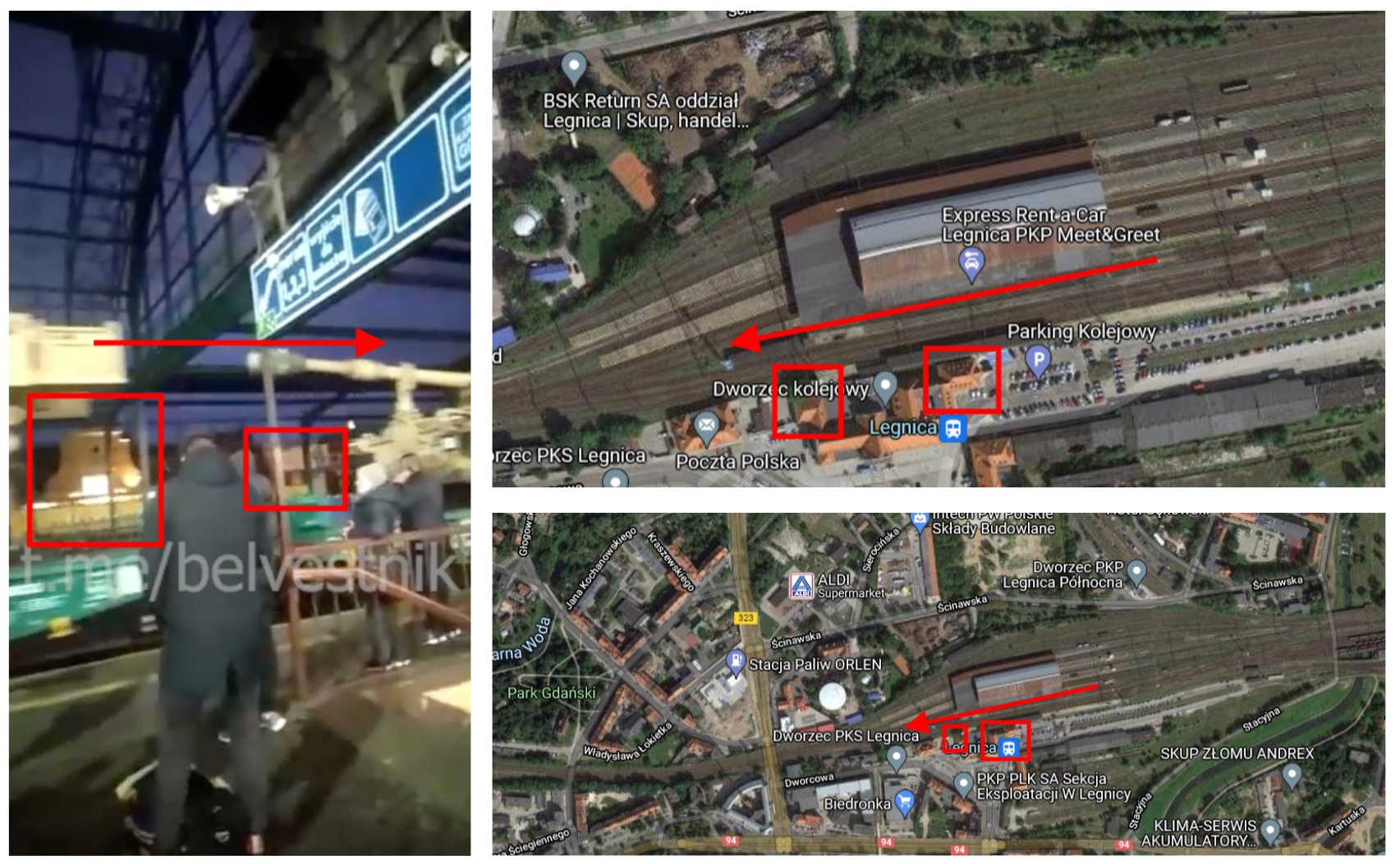 Budynki stacyjne widoczne na nagraniu i na mapach Legnicy oraz kierunek przejazdu transportu