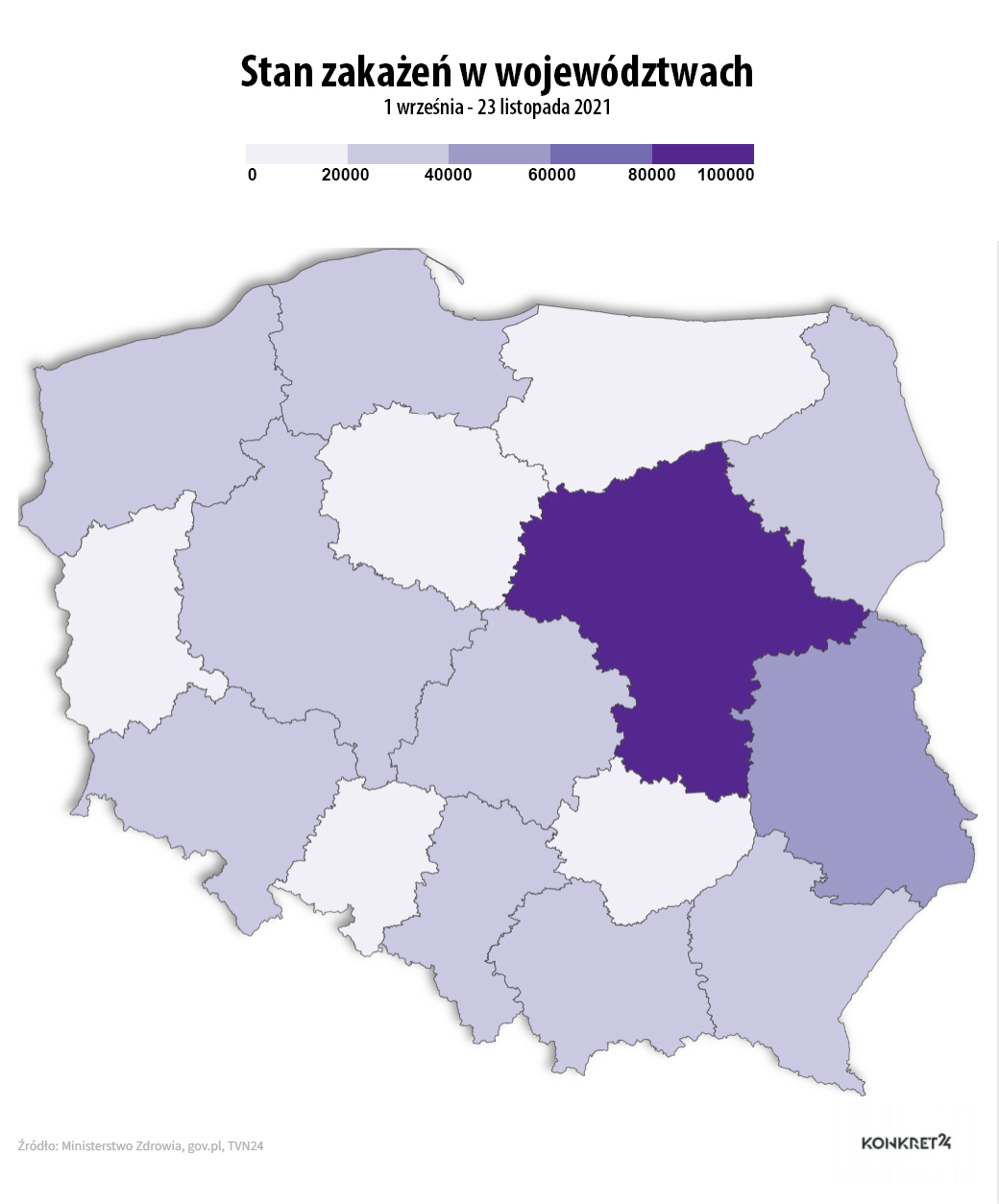 Stan zakażeń w województwach (dane od 1 września do 23 listopada 2021)