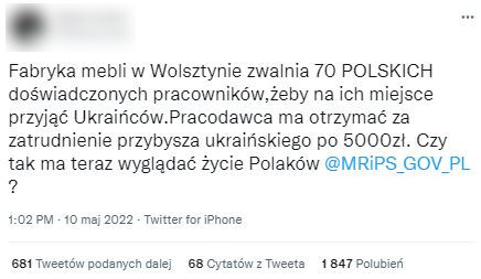 Tweet z fałszywą informacją o zastąpieniu polskich pracowników ukraińskimi