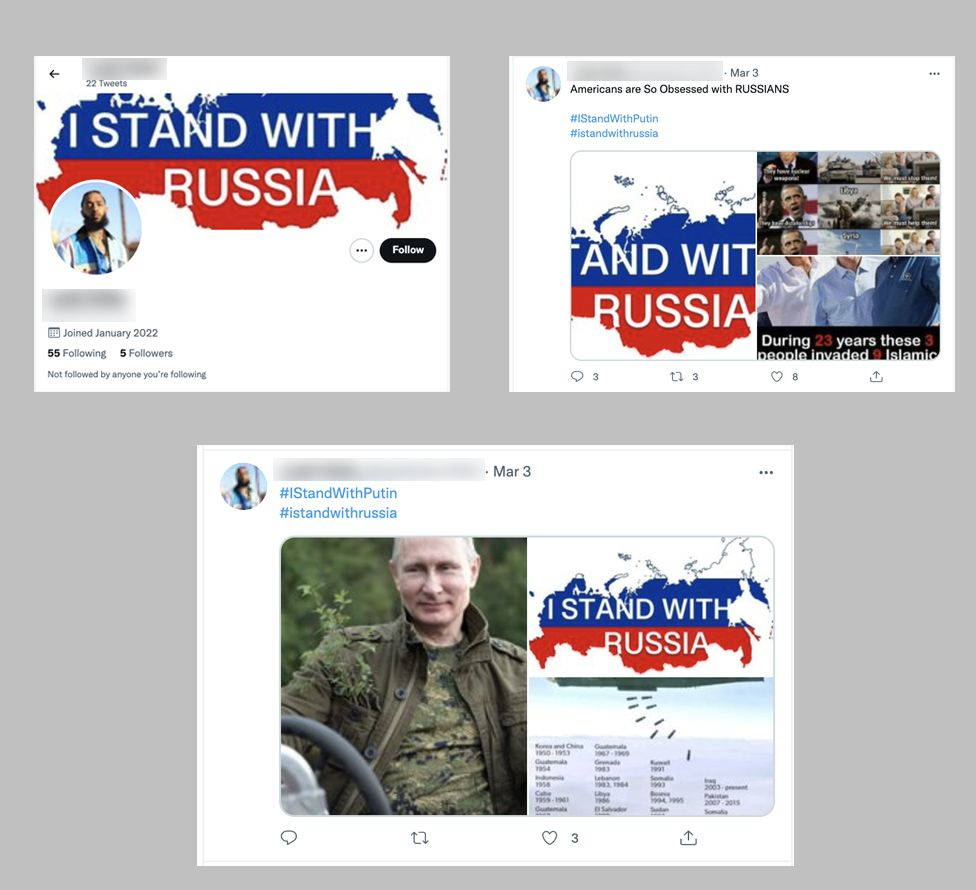 Zrzuty ekranu postów rzekomego Nipseya Hussle'a z hasztagami wspierającymi Rosję i Putina