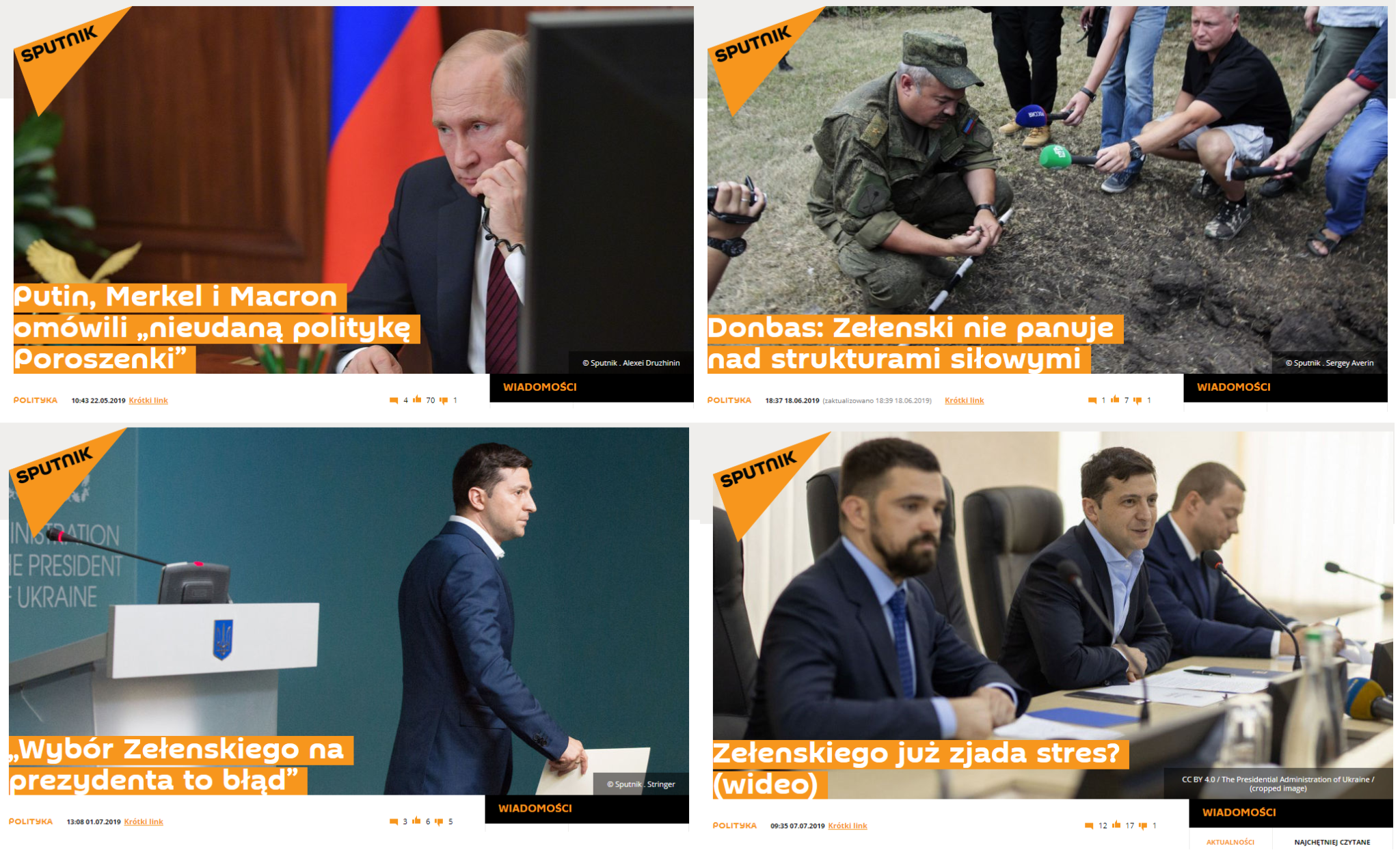 Tytuły niektórych artykułów o prezydentach Ukrainy na Sputnik Polska