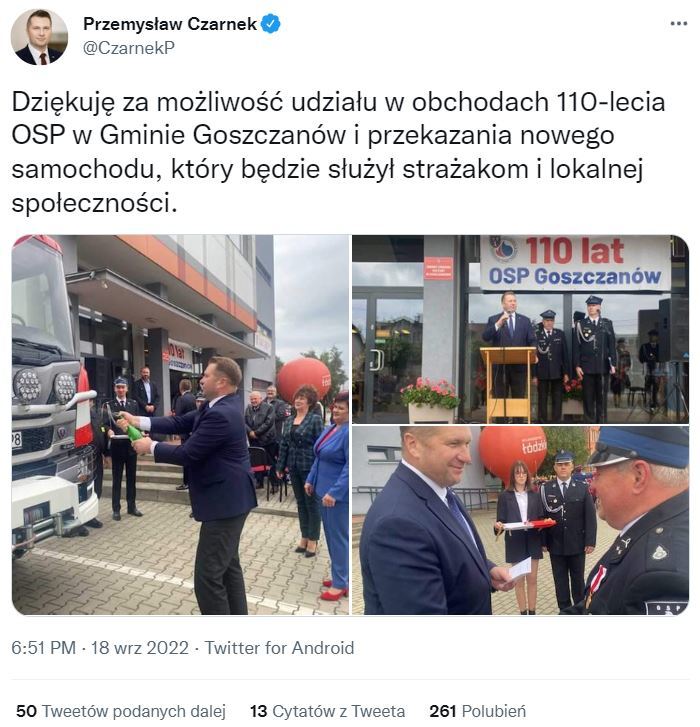 Minister Przemysław Czarnek o "przekazaniu nowego samochodu" ochotniczej straży pożarnej