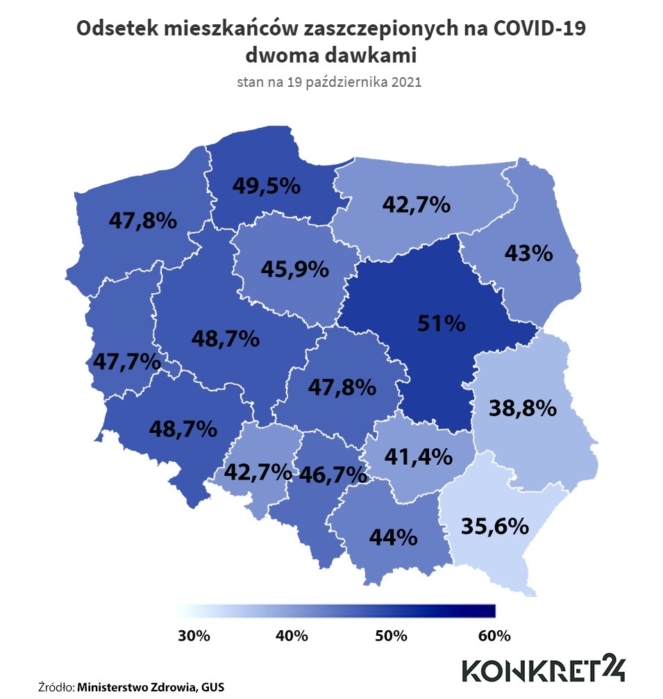 Odsetek mieszkańców zaszczepionych na COVID-19 dwoma dawkami - stan na 19 października 2021
