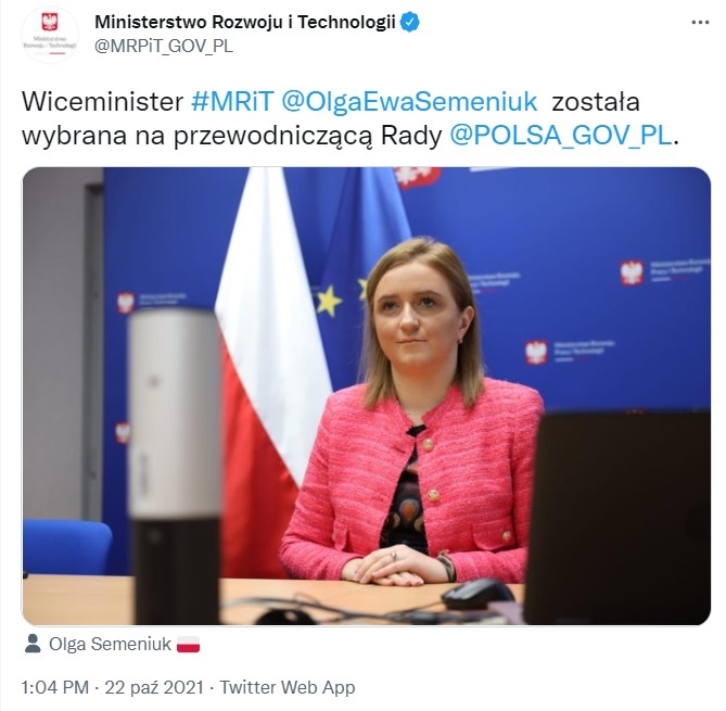 Post na profilu ministerstwa o wyborze Olgi Semeniuk na przewodniczącą Rady Polskiej Agencji Kosmicznej