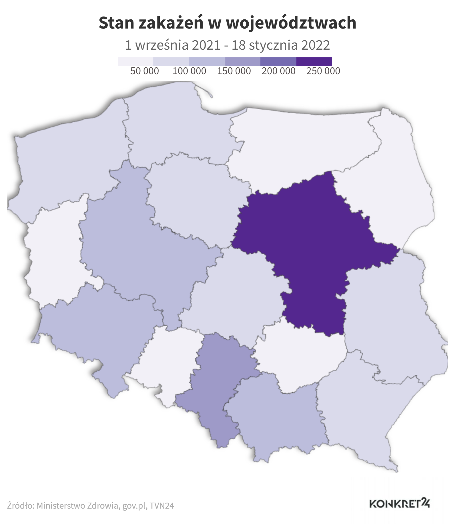 Stan zakażeń w województwach (1 września 2021 - 18 stycznia 2022)