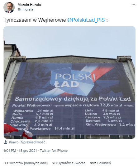 Minister infrastruktury Marcin Horała opublikował na Twitterze zdjęcie plakatu "Samorządowcy dziękują z Polski Ład"