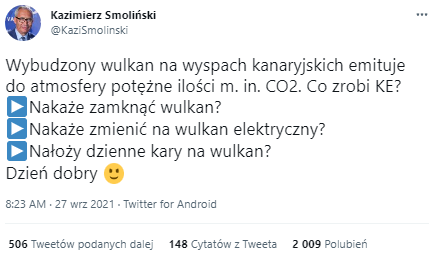 Poseł Kazimierz Smoliński tweetuje o wulkanie na Wyspach Kanaryjskich