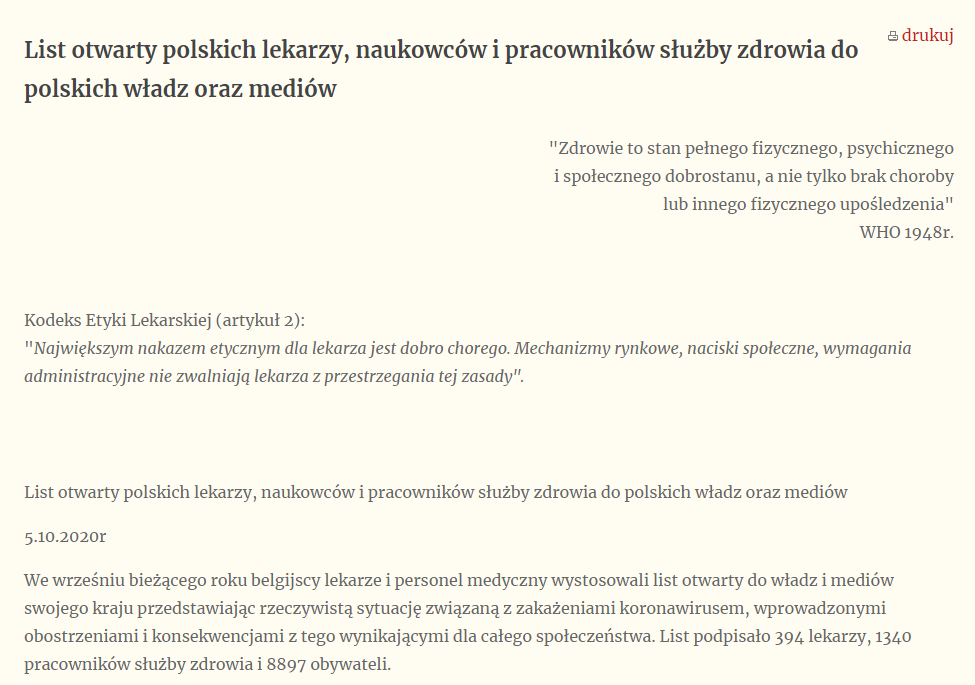 List otwarty polskich lekarzy, naukowców i pracowników służby zdrowia do polskich władz oraz mediów