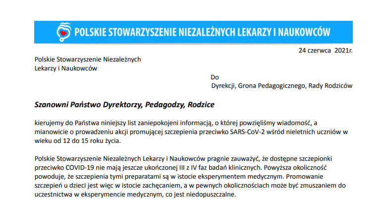 Fragment listu Polskiego Stowarzyszenia Niezależnych Lekarzy i Naukowców