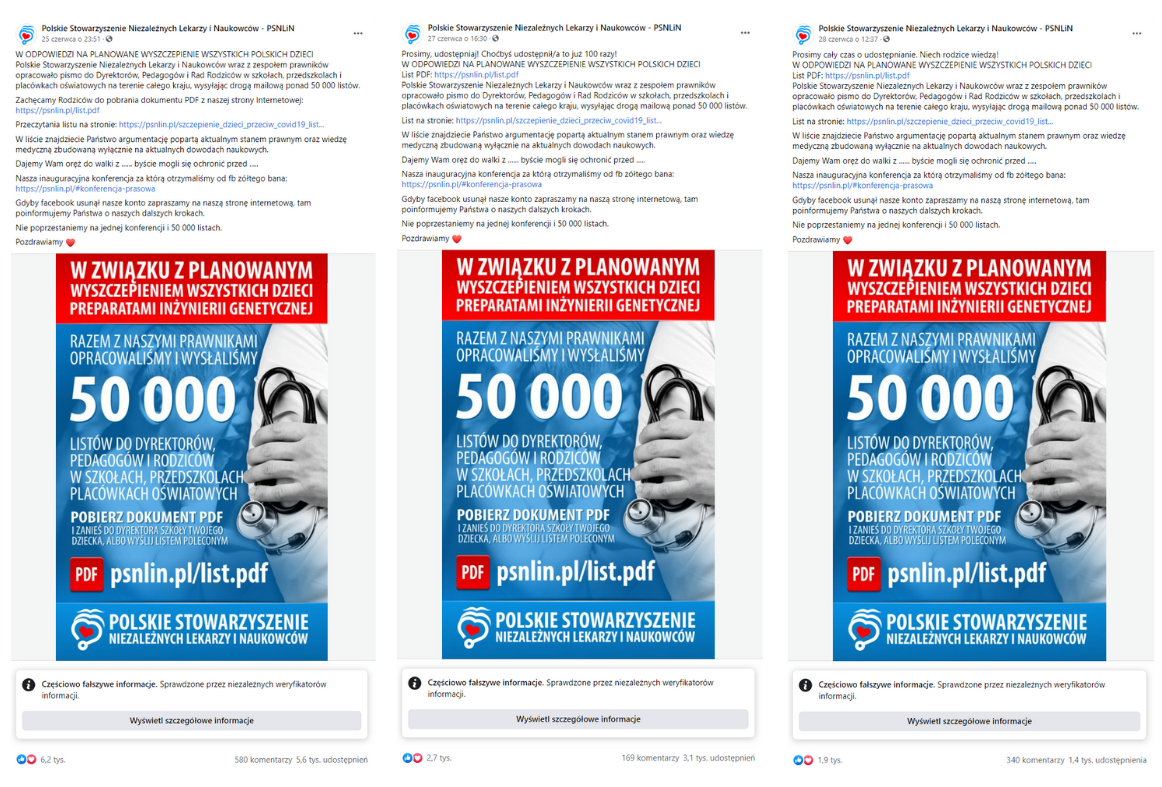 Facebokowe wpisy promujące list Polskiego Stowarzyszenia Niezależnych Lekarzy i Naukowców