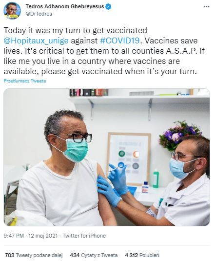 12 maja 2021 roku Tedros Ghebreyesus poinformował, że przyjął szczepionkę przeciw COVID-19