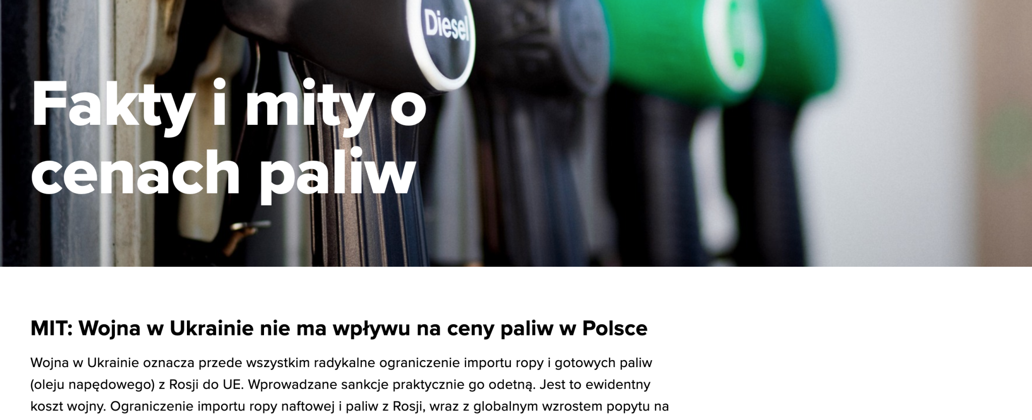 Tekst "Fakty i mity o cenach paliw" na stronie Orlenu