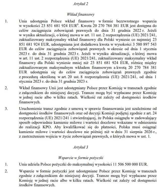 Fragment decyzji Rady Unii Europejskiej w sprawie KPO Polski  