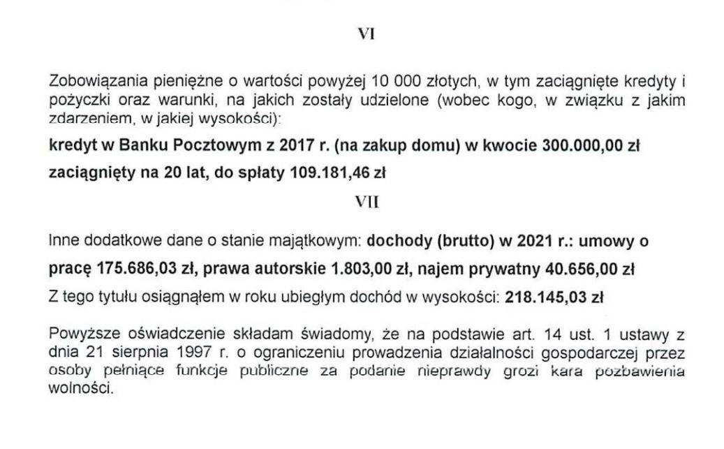 Fragment oświadczenia majątkowego wojewody Konstantego Radziwiłła  