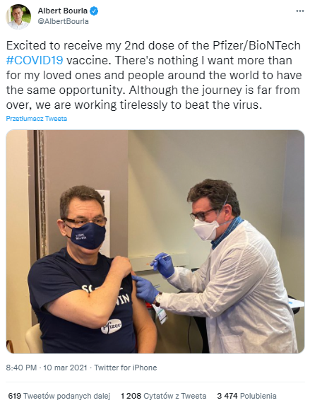 10 marca 2021 roku Albert Bourla poinformował o przyjęciu drugiej dawki szczepionki przeciw COVID-19