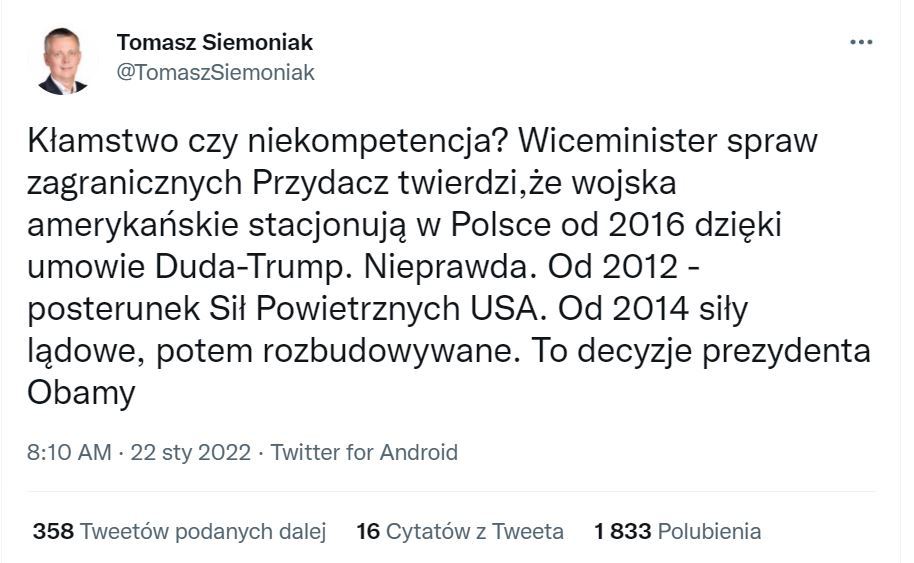 Post byłego szefa MON o obecności wojsk USA w Polsce 
