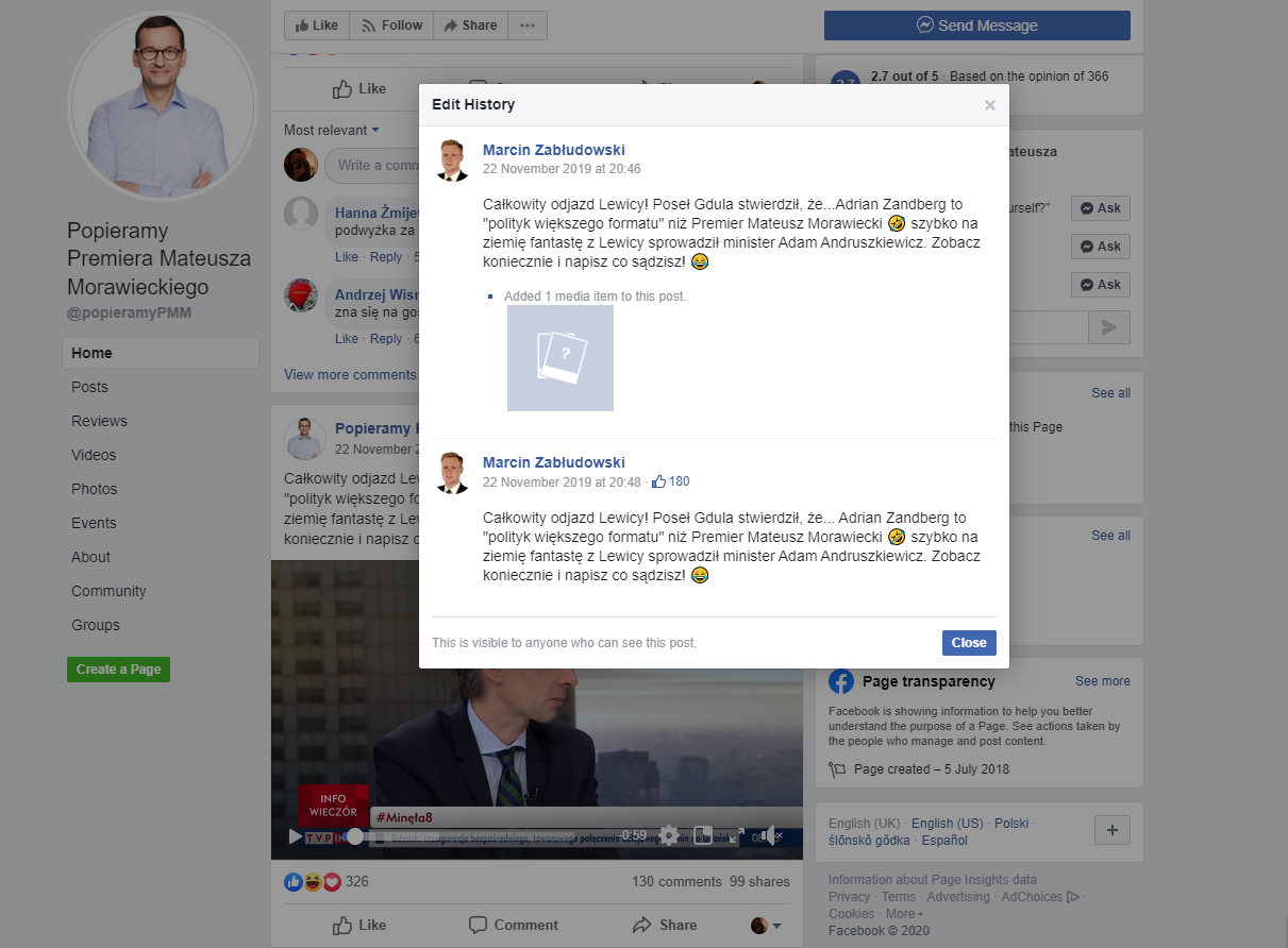 22 listopada 2019 konto o nazwie Marcin Zabłudowski edytowało wpis na stronie Popieramy Premiera Mateusza Morawieckiego na Facebooku.