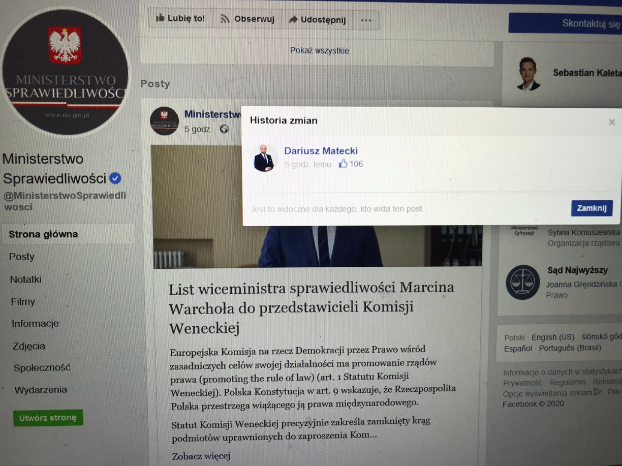 Dariusz Matecki prowadzi stronę na Facebooku Ministerstwu Sprawiedliwości