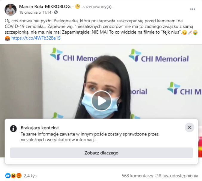 Wpis na facebookowej stronie przedstawiający wideo z omdleniem pielęgniarki. Facebook oznaczył post komunikatem "brakujący kontekst"