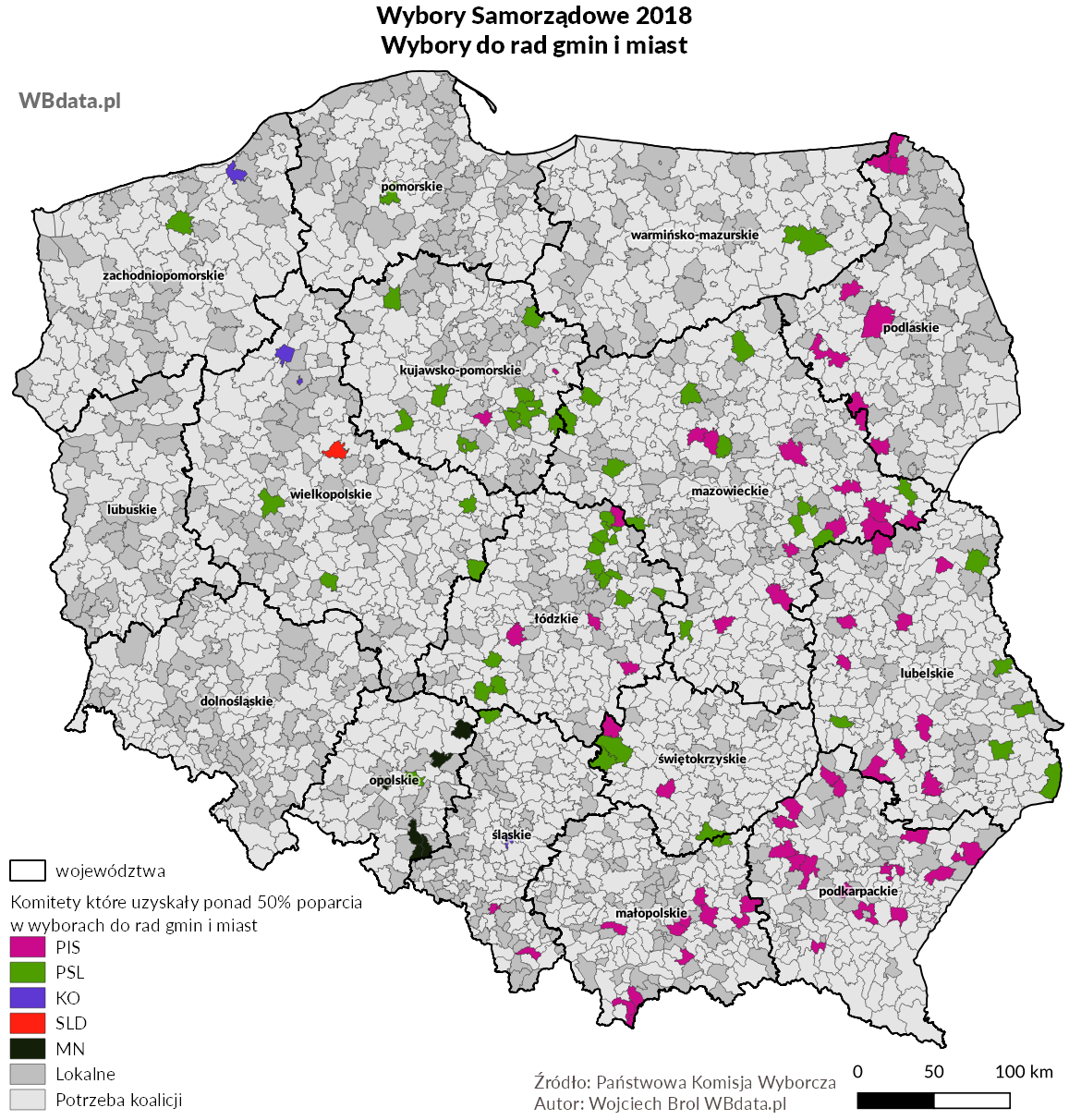 Mapa przygotowana przez wbdata.pl z wynikami wyborów samorządowych do rad gmin i miast, w których komitety zdobyły ponad 50% głosów