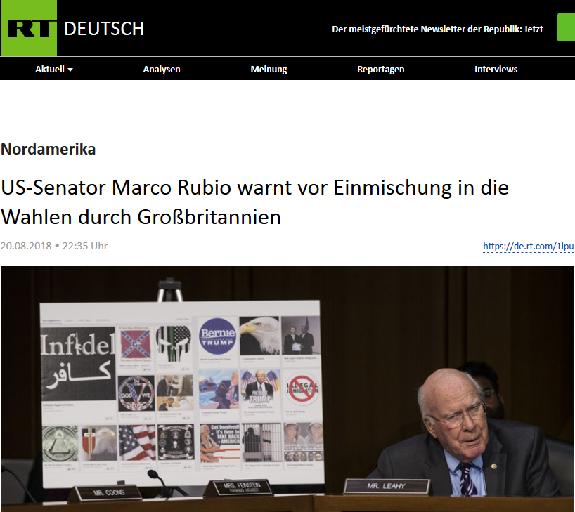 Artykuł RT Deutsch informujący o fałszywym Tweecie senatora Rubio