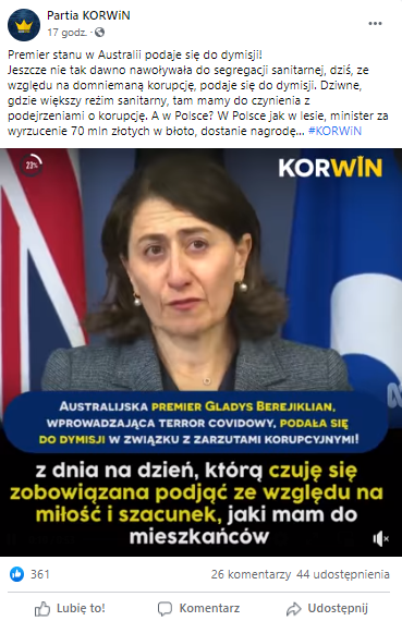 "Australijska premier Gladys Berejiklian wprowadzająca terror covidowy" - przekaz z profilu Partia Korwin