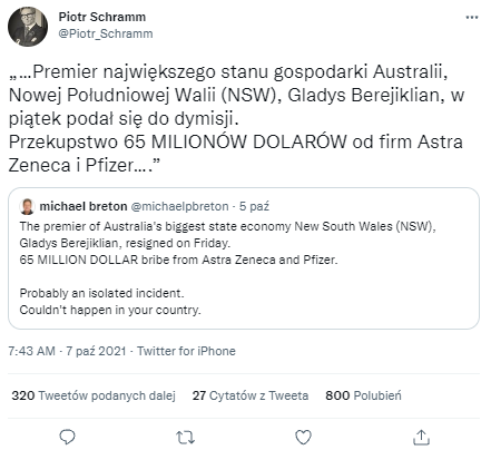 Tweet o Gladys Berejiklian powstały z tłumaczenia angielskiego posta