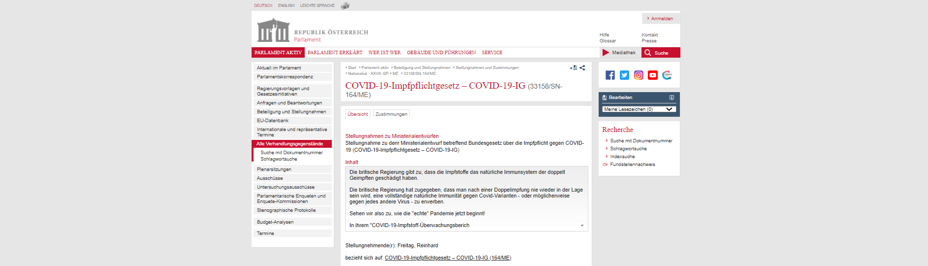Opinia do ustawy na temat szczepień zamieszczona na stronie parlamentu austriackiego