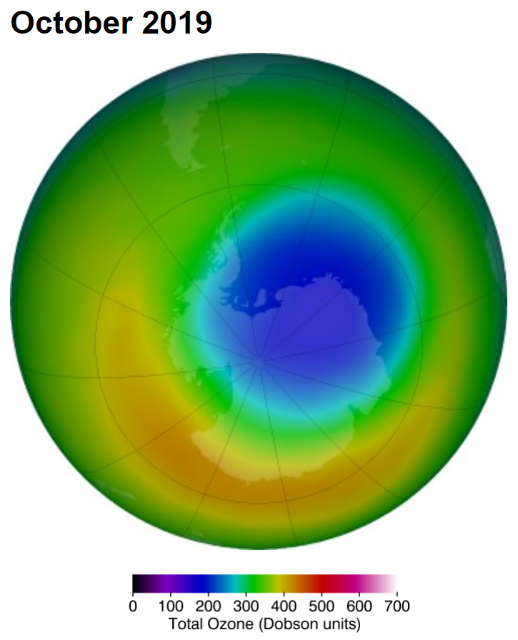 Średnia grubość warstwy ozonowej nad Antarktydą w październiku 2019 r. (w dobsonach)