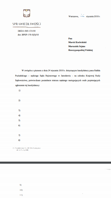Fragment dokumentu przesłanego przez ministerstwo sprawiedliwości Patrykowi Wachowcowi