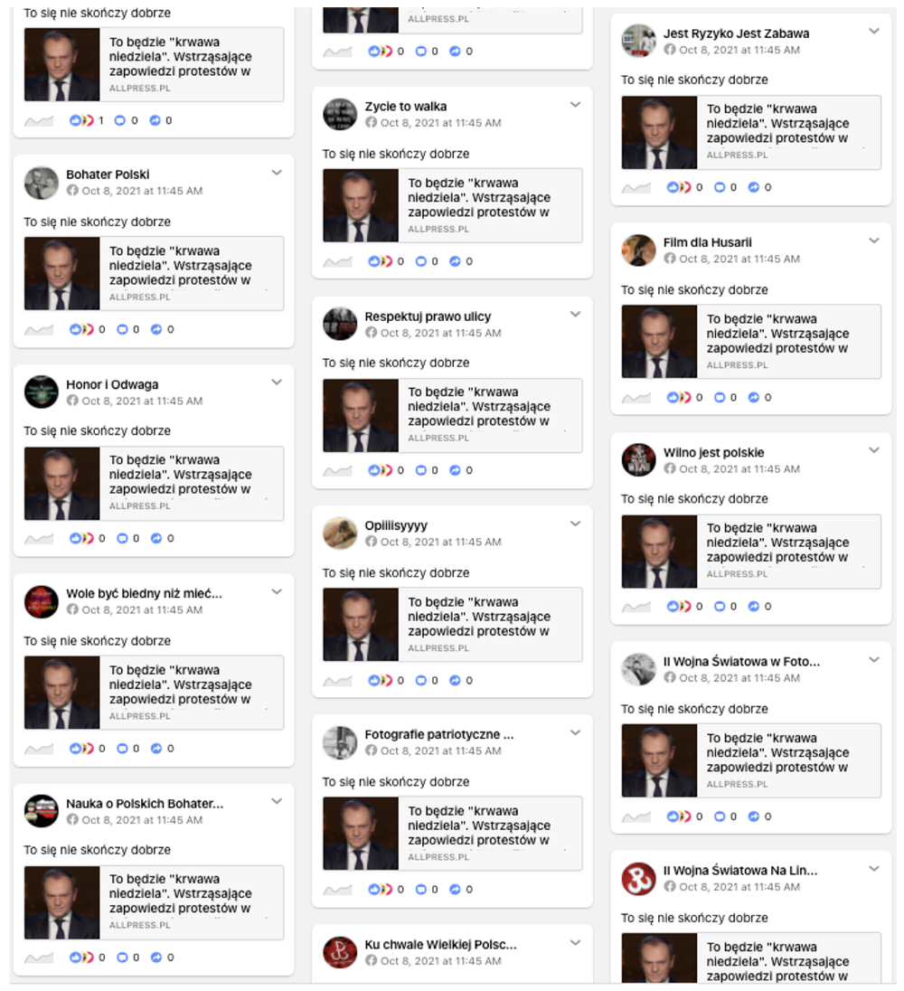 Zrzuty ekranu różnych stron na Facebooku zamieszczających ten sam opis z tym samym linkiem do tekstu serwisu Allpress.pl