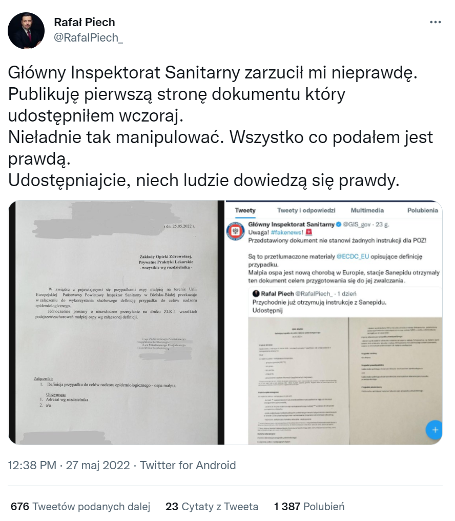 Tweet Rafała Piecha z 27 maja 2022 roku. 