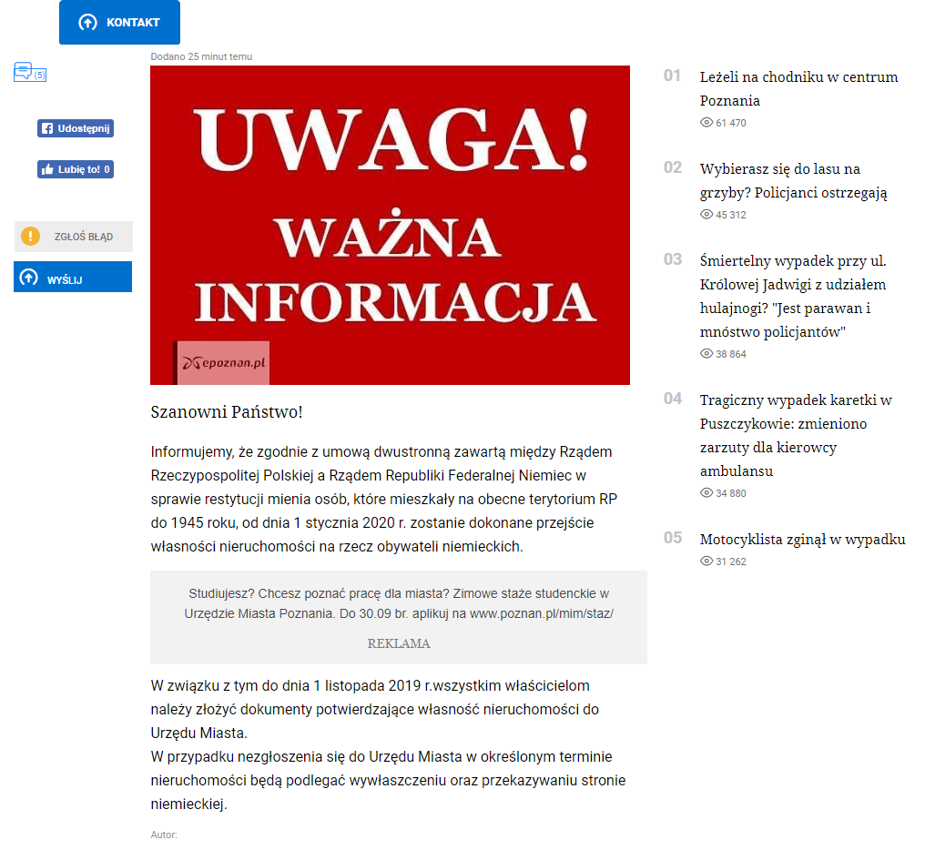 Fałszywy komunikat na stronie epoznan.pl