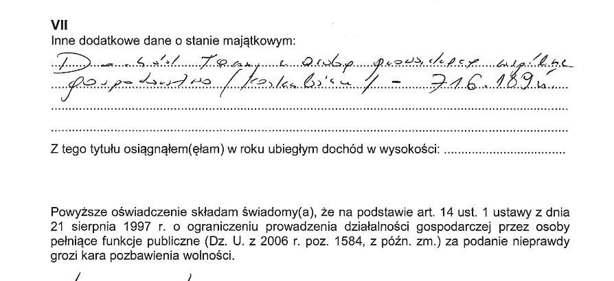Fragment oświadczenia majątkowego wiceszefa szefa CBA Grzegorza Ocieczki