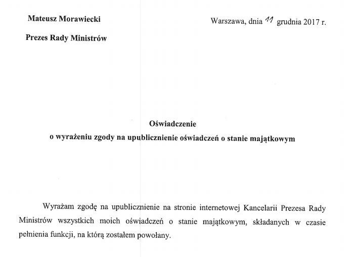 Zgoda premiera M.Morawieckiego na ujawnienie oświadczenia majątkowego 