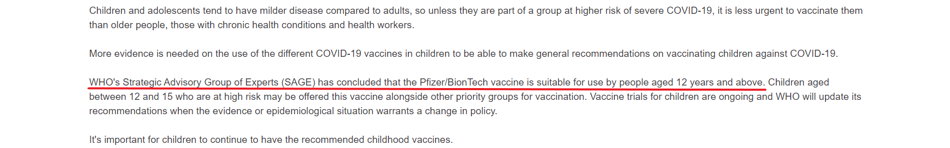 Fragment nowej wersji tekstu na stronie WHO. Zaznaczono fragment o dopuszczeniu możliwości szczepienia dzieci pow. 12 roku życia szczepionką firm Pfizer/BioNTech