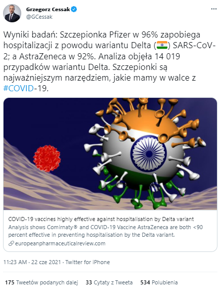 Post Grzegorza Cessaka o skuteczności szczepionek Pfizera i AstraZeneki w razie zakażenia wirusem Delta