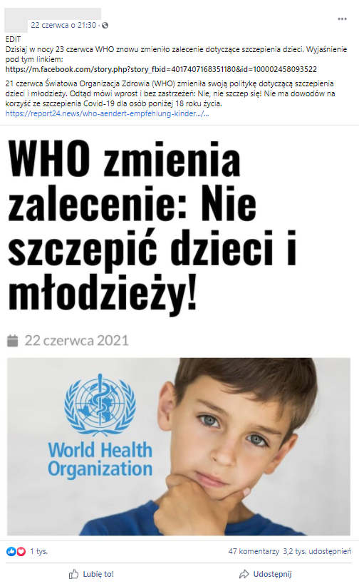 Jeden z postów z informacją, że WHO zmieniła zalecenie co do szczepienia dzieci i młodzieży